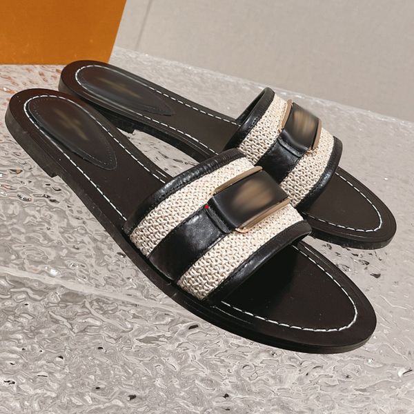 

2023 fashion luxury designer leather ladies sandals summer flat shoes fashion beach women slippers drag 35-40 sandales summer slides -234, Black
