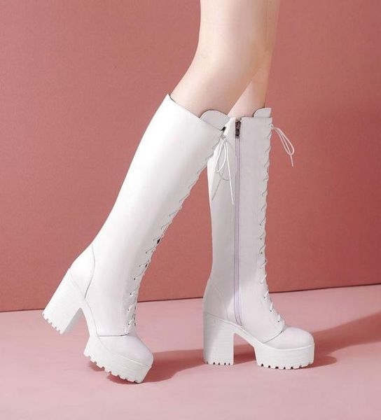 

boots autumn women platform knee high pu leather chunky heel long laceup zipper woman039s shoes black white1818458