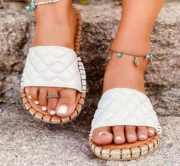 

2021women slippers causal ladies outdoor open toe slides fashion female lozenge pu leather sandals beach flat solid rome4723358, Black