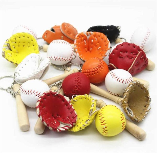 

leather baseball ball glove wooden bat 3pcs keychain keyring sport balls theme softball key holder chains bag purse charm pendant 6077676, Red;brown