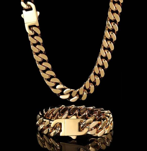 

cuban link chain necklace bracelet ins hip hop high 316l stainless steel four sides high polished 18k gold plated jewelry sets cho9805454, Silver