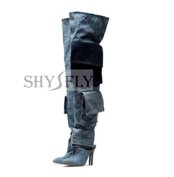 

2021 fashion knee high boots pointed toes demin pocket slip on thin heel women shoes modern runway banquet long footwear plus 45 h9110258, Black