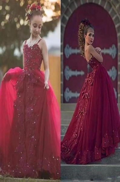 

2019 new burgundy crystals beaded girls pageant dresses spaghetti straps tulle long formal kids first communion gowns lace appliqu5337348, White;red