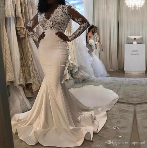 

2020 vintage long sleeve vneck lace and satin mermaid wedding dresses new arrival plus size ruffle long train zipper back bridals3258652, White