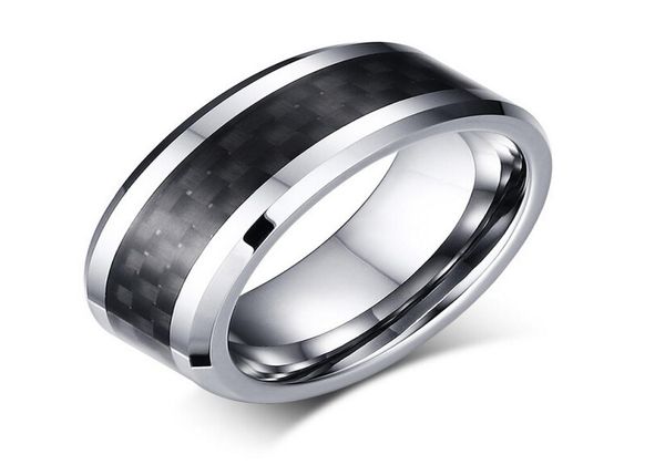 

8mm tungsten steel wedding band mens womens tungsten ring with black carbon fiber inlay engraving5461331, Silver