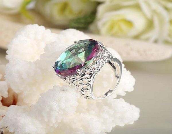 

the new listing latest style ring 925 sterling silver oval rainbow fire mystic z gems silver couple wedding stone rings sets 18490889, Golden;silver