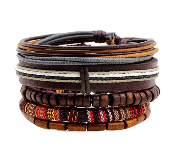 

male female fashion wooden beads wax cord leather braided bracelets 5pcsset psl129 punk style multielement hip hop rock jewe2835112, Golden;silver
