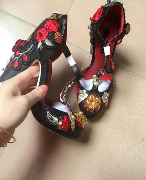 

fashion women flower genuine leather sole black and red colour wedding heels shoes6093597