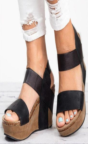 

women round toe sandals wedges shoes breathable beach rome elastic band casual sandalias plataforma mujer5557359, Black
