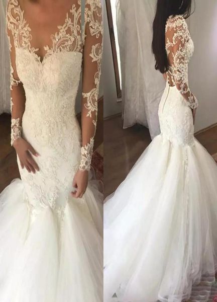 

fashion mermaid vneck bridal gowns lace appliques mermaid wedding dress tulle long sleeves wedding dresses vestido de noiva1781667, White