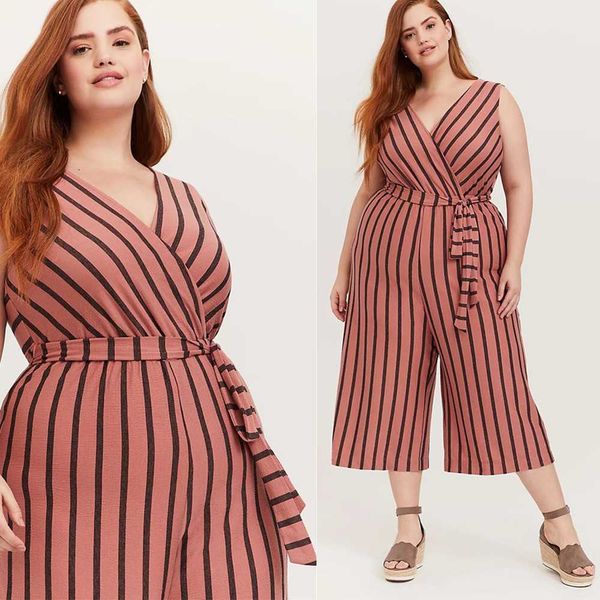 

elegant and v-neck striped jumpsuit wide leg pants show thin fat sister mm large spring/summer women's wear6v24, Black