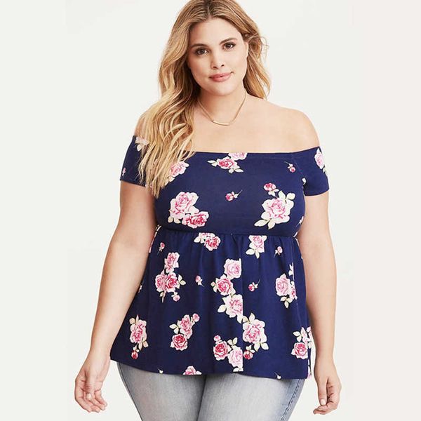 

plus size off shoulder flower slim short sleeve t-shirt extra large 200 catties0ury, Black