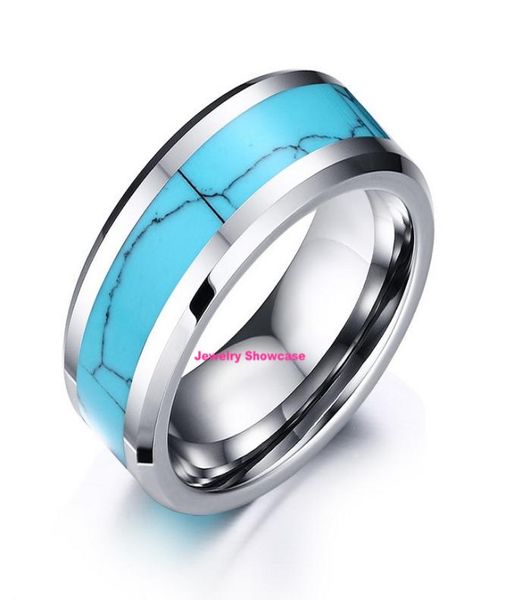 

8mm tungsten steel men039s ring blue turquoise inlay polish beveled band us size 7124556093, Golden;silver