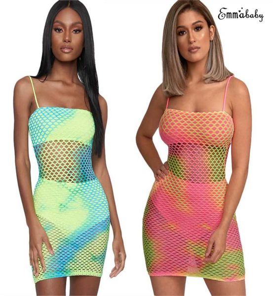 

women mesh fishnet see through strappy sleeveless dress bikini cover ups rainbow colorful bodycon clubwear short dresses2224625, Blue;gray