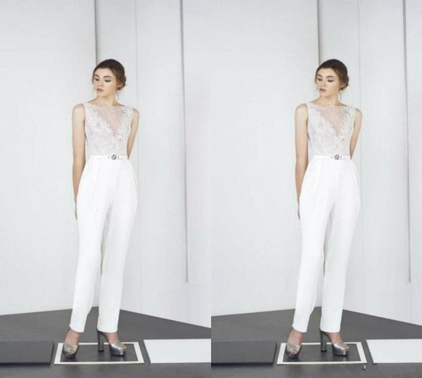 

2021 white jumpsuit wedding dresses with sash lace appliqued boho bridal gowns satin ankle length country wedding dress vestidos d3415605