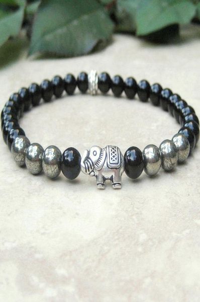 

mg0716 6 mm black onyx and pyrite gem stone bracelet elephant bead mala healing bracelet womens tibetan good luck bracelet4730077