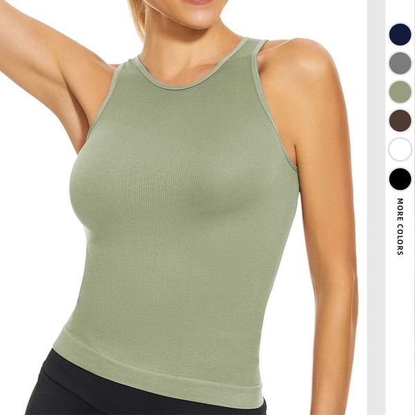 

summer new rib sports tank solid racerback sleeveless high neck tank women's seamless yoga fitness top