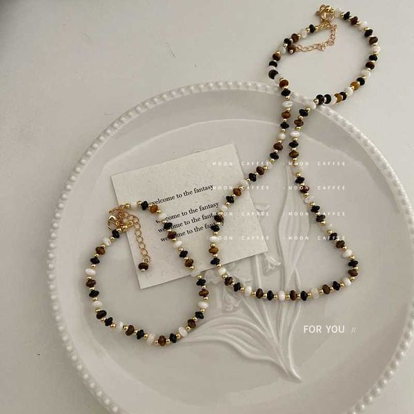 

savi's trendy niche design natural tiger eye stone handmade beaded necklace collarbone chain personalized new style~, Silver