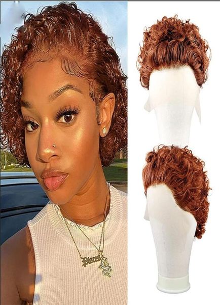

13x1 pixie curl short bob lace wigs color 350 brazilian human hair for black women high2834793, Black;brown