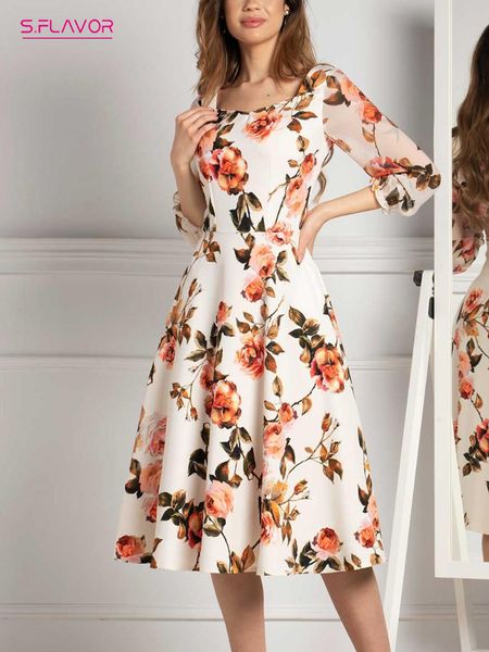 

dresses s.flavor vintage floral print dresses for women casual 3/4 sleeve a line sundress female boho elegant party vestidos, Black;gray