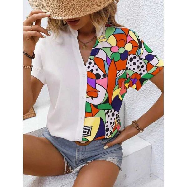 

women's summer new fashion colorful colorful print v-neck short-sleeved women's europe and the united states fashion, White