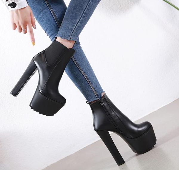 

2019 women boots stripper chunky 16cm 7cm high heels short ankle boots combat block heels fetish warm plush winter snow s9541745, Black