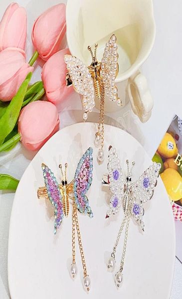 

girls vintage pearl rhinestone barrettes simulation butterfly tassel hair clips elegant hairpin fashion hair accessories2343854, Slivery;white