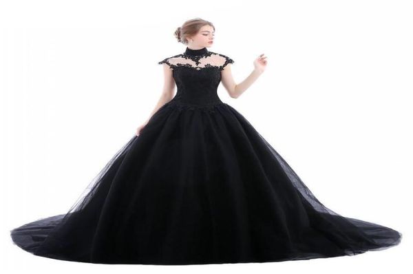 

2019 ball gown black gothic wedding dresses high neck lace tulle corset laceup back women non white bridal gowns with color custo7109867