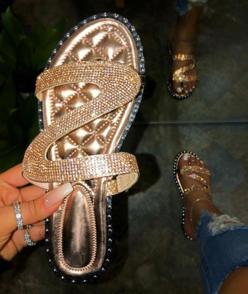 

faux diamond slippers plaid pattern sandal bright shoes woman shiny slipper beach large size beading sandal zy74912838989, Black