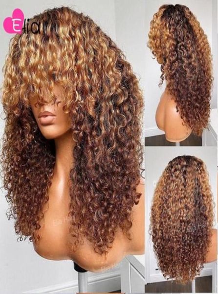 

lace wigs elia colored kinky curly human hair with bangs full machine made 100 brazilian remy for women 20092062685403332, Black;brown