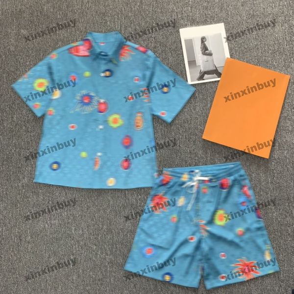 

xinxinbuy men designer tee t shirt 23ss face letter jacquard fabric sets short sleeve cotton women apricot khaki blue gray s-2xl, Black;brown