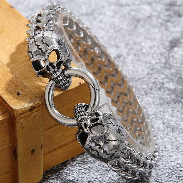 

bangle gothic punk skull mens bracelet franco link curb chain bracelet with spring ring clasp 8.6 inches 6 color boys biker bracelets, Black