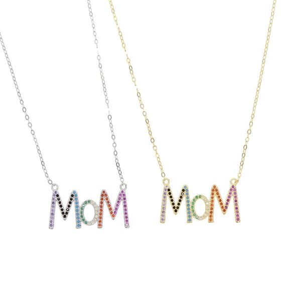 

whole rainbow cubic zirocn paved letter mom pendant choker necklace for women 925 sterling silver jewelry gift2451242, Golden;silver
