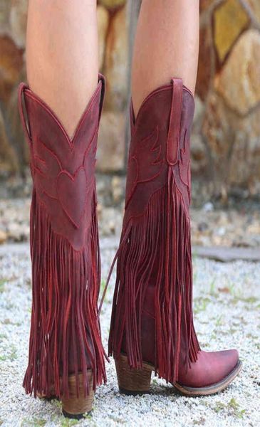 

cowgirls cowboy boots shoes for women fringe love pattern chunky heels punch shoe western slip on female j2208052901996, Black