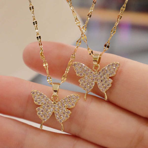 

pendant necklaces fashion shining zircon butterfly pendant necklace women elegant ins style chain jewelry party cocktail accessories gifts a, Silver