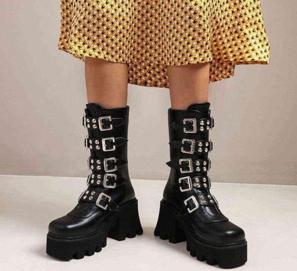 

winter gothic punk womens platform boots black buckle strap zipper creeper wedges shoes mid calf military combat boots h11267194289