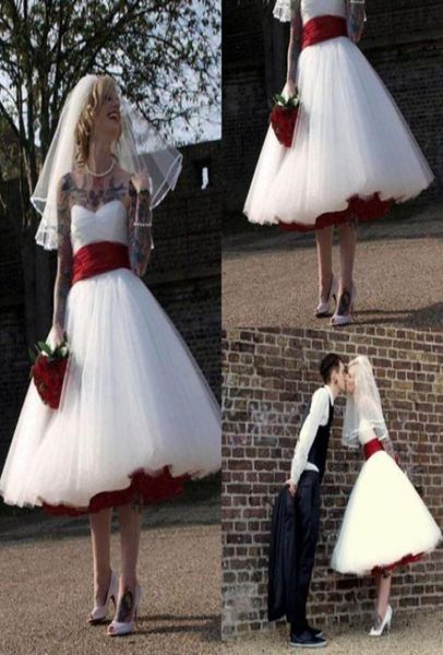 

rock and roll gothic wedding dresses with red sash a line knee length boho tulle short bridal dress plus size wedding gowns8438570, White