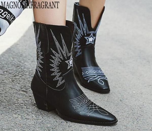 

boots retro middle tube embroider women thick heel ankle female western cowboy booties botas mujer zapatos de y4487327999, Black