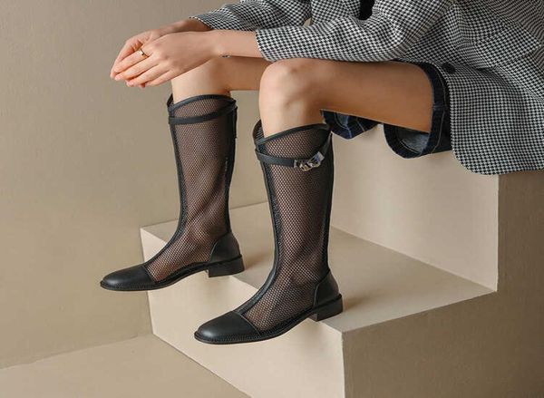 

2022 summer women039s cool long boots breathable hollow mesh stitching round head belt buckle thick heel boots sandals7995515, Black