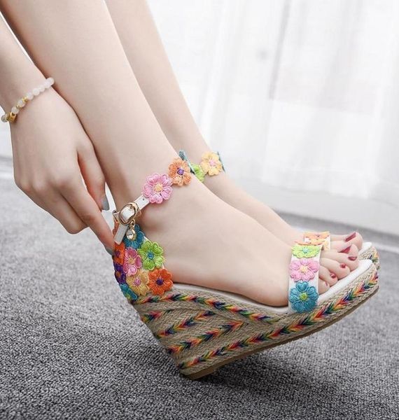 

cm color lace wedge sandals with large size national wind stage simple flower comfortable female1263767, Black