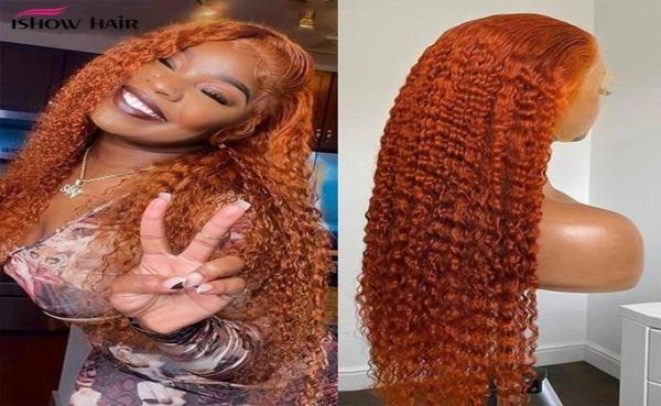 

ishow 1440inch hd transparent lace front wig human hair wigs 13x4 13x6 5x5 4x4 orange ginger 350 straight curly water loose deep1501080, Black;brown