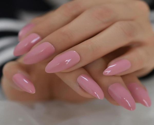 

false nails light pink almond pure color fake nail natural daily medium full decoration art office sweet press on5553438, Red;gold