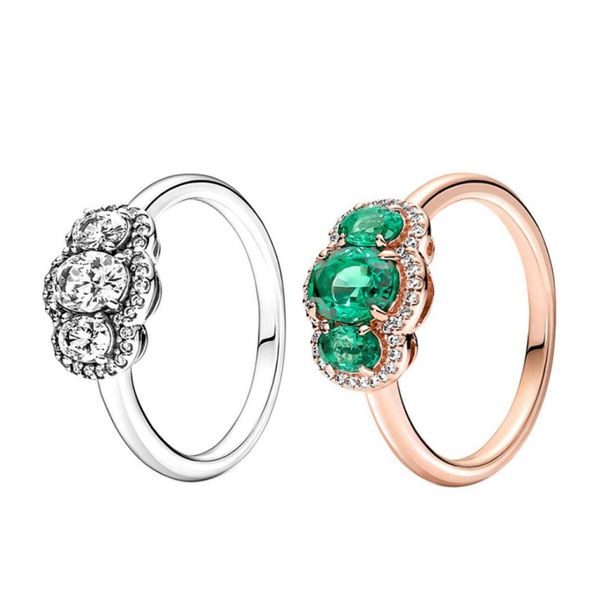 

925 sterling silver three stone vintage rings women girls green cz diamond party jewelry for pandora rose gold ring with original 7830821, Slivery;golden