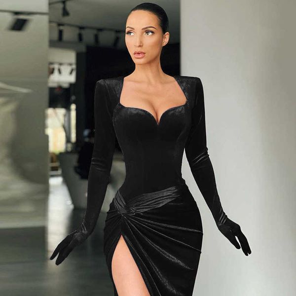 

2022 autumn winter women solid velvet long sleeve ruched midi dress side slit bodycon streetwear party elegant club, White;black