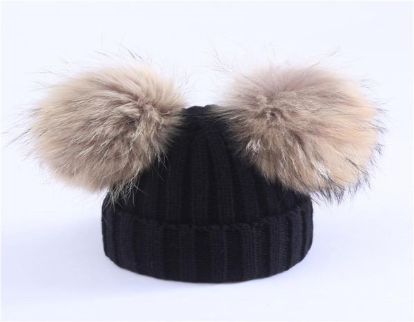

mother kids warm winter caps real fur pom pom beanie wool knitted hat for baby boys girls pompom raccoon balls beanie cap bonnet9326417