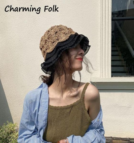 

wide brim hats summer women039s straw hat lace woven versatile sunscreen sunshade bucket small eaves personalized for girl6741085, Blue;gray