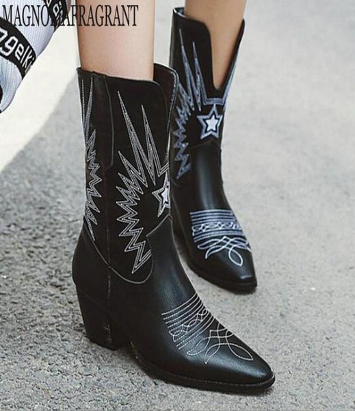 

boots retro middle tube embroider women thick heel ankle female western cowboy booties botas mujer zapatos de y4489961877, Black