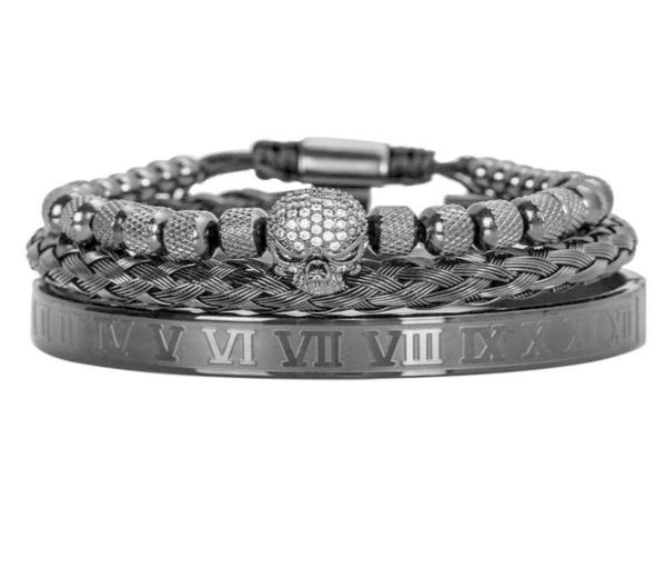 

3pcsset handmade men bracelet micro pave cz skeleton skull roman numeral hemp rope buckle open stainless steel bangles 210910942843200216, Golden;silver