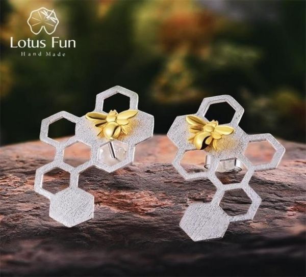 

lotus fun real 925 sterling silver earrings natural fine jewelry honeycomb home guard 18k gold bee drop earrings for women gift 223453594, Golden
