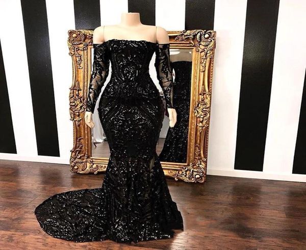 

vestidos off the shoulder mermaid prom dresses new black long sleeve sweep strain sequined formal evening dress party gowns bc14546726541